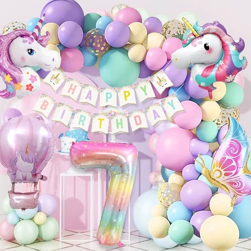 WINFLUENCE Einhorn Geburtstagsdeko Mädchen, 7 Jahre Einhorn Deko Kindergeburtstag, Einhorn Luftballons Geburtstag, Schmetterling Folienballon Kindergeburtstag 7. Geburtstag Mädchen Deko von WINFLUENCE