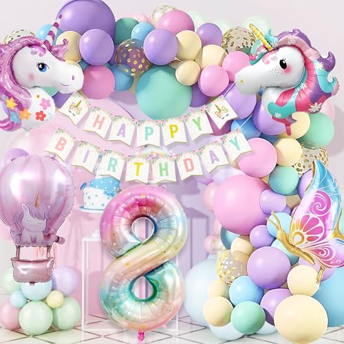 WINFLUENCE Einhorn Geburtstagsdeko Mädchen, 8 Jahre Einhorn Deko Kindergeburtstag, Einhorn Luftballons Geburtstag, Schmetterling Folienballon Kindergeburtstag 8. Geburtstag Mädchen Deko von WINFLUENCE