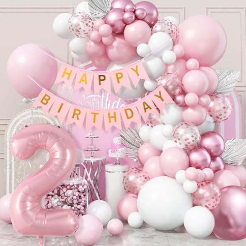 WINFLUENCE Geburtstagsdeko 2 Jahr Mädchen, Luftballon 2 Geburtstag Rosa,Luftballon Girlande Rosa,Geburtstagsdeko 2 Happy Birthday Banner für Babyparty Deko Mädchen von WINFLUENCE