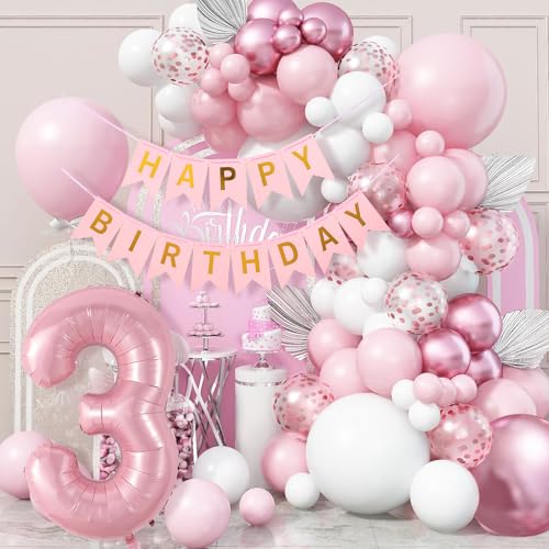 WINFLUENCE Geburtstagsdeko 3 Jahr Mädchen, Luftballon 3 Geburtstag Girlande Rosa,Geburtstagsdeko 3 Happy Birthday Banner für Babyparty Deko Mädchen,Geburtstag Party Deko von WINFLUENCE