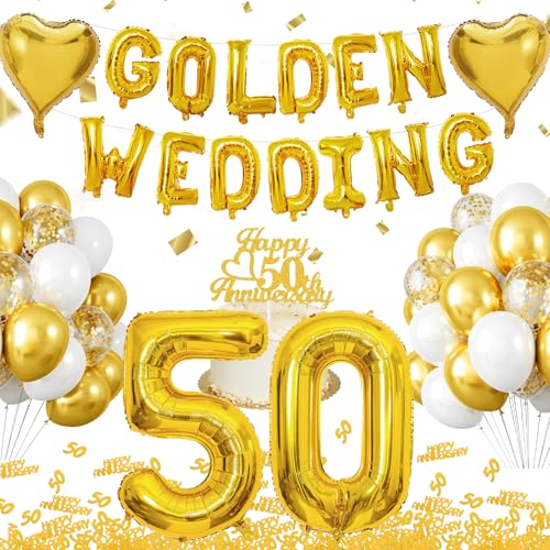 WINFLUENCE Goldene Hochzeit Deko Set, 50. Goldene Hochzeitstag Luftballons, Goldene Hochzeitsballon Banner, Goldene Hochzeit Tischdeko, Gold 50 Konfetti für Jubiläum Hochzeit, 50 Goldene Hochzeit Deko von WINFLUENCE