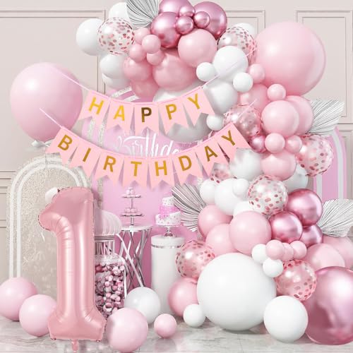 WINFLUENCE Luftballon Girlande Rosa, 1 Jahr Geburtstag Mädchen Rosegold，Geburtstagsdeko 1 Happy Birthday Banner ，für Babyparty Deko Mädchen，Geburtstag Party Deko，Jahrestag, Hochzeit，Brautdusche von WINFLUENCE