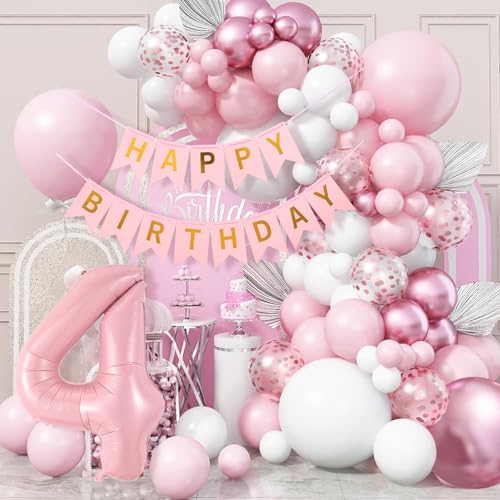 WINFLUENCE Luftballon Girlande Rosa, 4 Jahr Geburtstag Mädchen Rosegold，Geburtstagsdeko 4 Happy Birthday Banner für Babyparty Deko Mädchen, Geburtstag Party Deko von WINFLUENCE