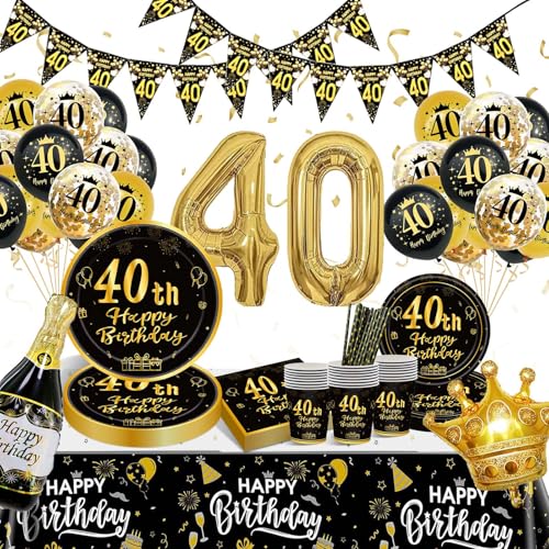 WINFLUENCE Partygeschirr Set, 40 Geburtstagsdeko Luftballons, 40 Geburtstag Männer Frauen Dekorationen Banner, Schwarz Gold Geburtstag Party Geschirr Set für Geburtstags deko Partys 16 Gäste von WINFLUENCE