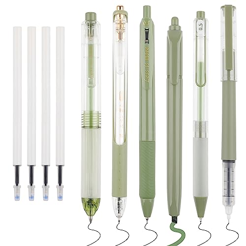 WINKIO 0.5mm Gelschreiber, 6 Stück Aesthetic Gelstifte Schnell Trocknende Gel Pen mit 4 Nachfüllminen, Einziehbare Kugelschreiber Schwarz +Farbiger Textmarker(Grün) von WINKIO