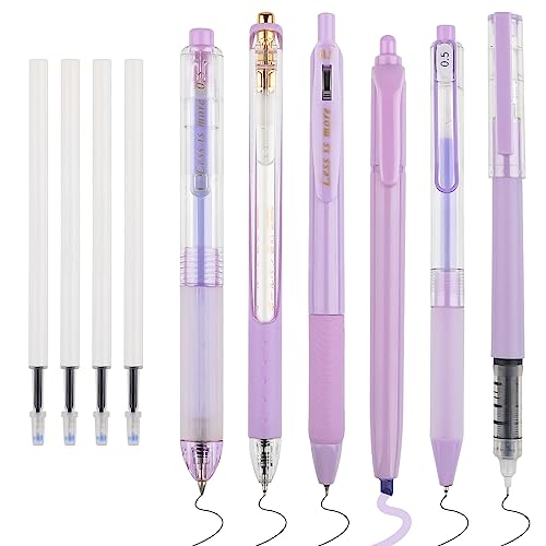 WINKIO 0.5mm Gelschreiber, 6 Stück Aesthetic Gelstifte Schnell Trocknende Gel Pen mit 4 Nachfüllminen, Einziehbare Kugelschreiber Schwarz +Farbiger Textmarker (Lila) von WINKIO