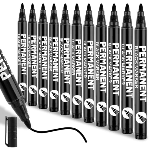 12 Stück Permanent Marker Wasserfest, Schnell Trocknender Lackstift Schwarz, Wischfest Wasserfeste Stifte, 1-2 mm Acrylstifte Schwarz, Permanent Marker Schwarz für Karton, Keramik, Glas, Holz, Metall von WINKIO