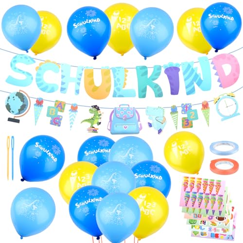 Deko Einschulung Jungen 27PCS, Schulanfang Deko mit Luftballon Girlande, Thema Dinosaurier Schulkind Deko Set, Inkl.18 Luftballons mit ABC, 123 Motiv für Jungen, Aufkleber Einschulung (BLAU) von WINKIO