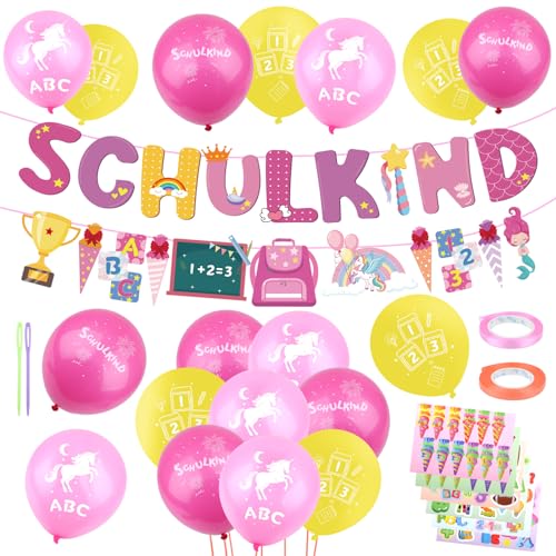 Deko Einschulung Mädchen 27PCS, Schulanfang Deko mit Luftballon Girlande, Rosa Einhorn Schulkind Deko Set, Inkl.18 Luftballons mit ABC, 123 Motiv für Mädchen, Aufkleber Einschulung (ROSA) von WINKIO