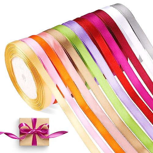 12 Farben Polyester Satinband, 22 m x 10 mm Geschenkband Set, Bänder zum Basteln für Geburtstag Luftballons Hochzeit Geschenkverpackung Florist Luftballon Schleifen (12 Rollen) von WINKIO