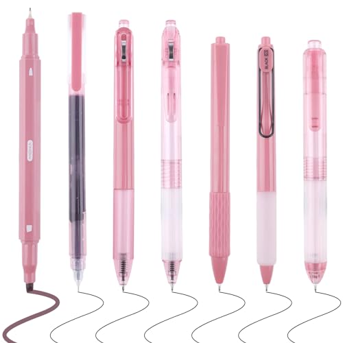 WINKIO 7 Stück 0.5mm Gelstifte, Aesthetic Stifte Set, Schwarz Kugelschreiber Schnell Trocknende Tintenstifte + Textmarker für Schule, Büro, Zuhause(Rosa) von WINKIO