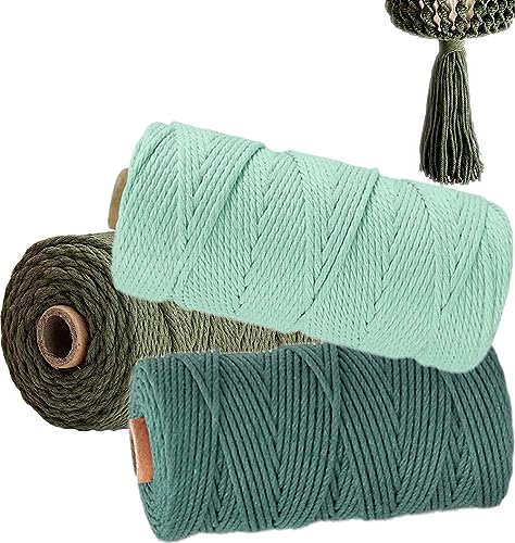 Makramee Garn 2mm x 100m 3er Set, WINOK Bunte Makramee-Schnur, DIY Naturgarn Makramee-Seil Baumwollschnur Baumwollgarn Schnur Baumwollkordel für Wandpflanze Handwerk - Dunkelgrün Olivgrün Hellgrün von WINOK