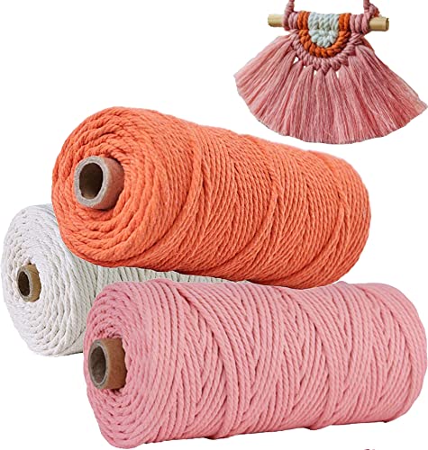 Makramee Garn 2mm x 100m 3er Set WINOK Bunte Makramee-Schnur, DIY Naturgarn Makramee-Seil Baumwollschnur Baumwollgarn Schnur Baumwollkordel für Wandpflanze Handwerk - Weiß Altrosa Flamingo von WINOK