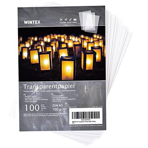 WINTEX 100 Blatt Transparentpapier DIN A5-100 g/qm Schnittmusterpapier - bedruckbar - Pergamentpapier Architektenpapier zum drucken - Pauspapier zum bedrucken - Tracing Paper von WINTEX