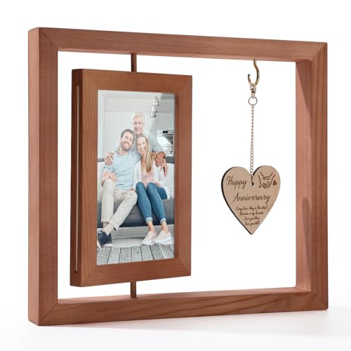 WIOR Bilderrahmen mit Aufschrift "Happy Anniversary", rustikales Holz, doppelseitig, drehbar, für 10,2 x 15,2 cm Fotos, romantische Brautparty, Geschenke für sie, ihn, Freundin, Paare, Ehefrau, von WIOR