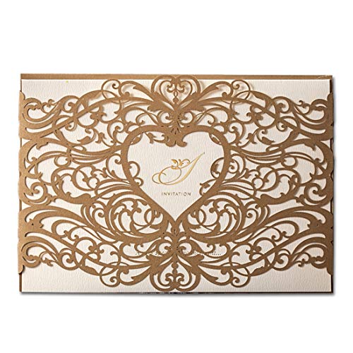 Wishmade 50 X Gold Laser Cut Hochzeit Einladungen Karten Sets mit Herz hohlen Gefälligkeiten Einladung Cardstock für Engagement Bridal Shower Baby Dusche Geburtstag Abschluss CW5018 von WISHMADE