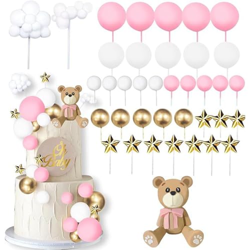 Teddybär Kuchen Dekoration WISIRENT, 38 Stück Rosa Teddybär Geburtstagstorte Deko, Teddybär Tortendeko Geburtstag mit Kugeln, Wolke, Sterne, Baby Teddybär Dekorationen für Baby Shower und Geburtstag von WISIRENT