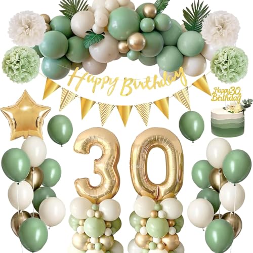 Deko 30 Geburtstag Frau Mann, Thinbal Geburtstagsdeko 30 Männer Frauen, 30 Geburtstag Frauen Avocado Grüne Gold Luftballons mit Happy Birthday Banner,Pompoms für Frau Mann 30. Geburtstag Dekorationen von WISTENALLA