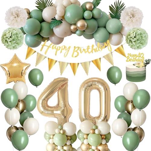 Deko 40 Geburtstag Frau Mann, Thinbal Geburtstagsdeko 40 Männer Frauen, 40 Geburtstag Frauen Avocado Grüne Gold Luftballons mit Happy Birthday Banner,Pompoms für Frau Mann 40. Geburtstag Dekorationen von WISTENALLA