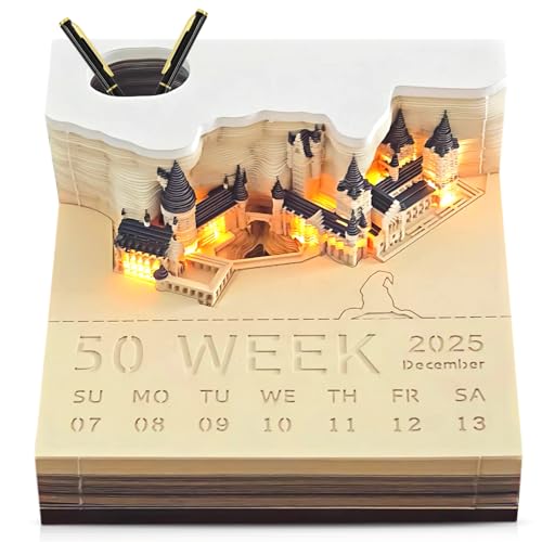 3D-Notizblock 2025 Tischkalender Notizblock: WIYETY 3D Notizblock 3D-Magic Castle-Wochenkalender-Notizblock DIY-Notizen 3D-Kunstkalender Papierskulptur Geschenk Bastel-DIY-Geschenk(Mit LED) von WIYETY