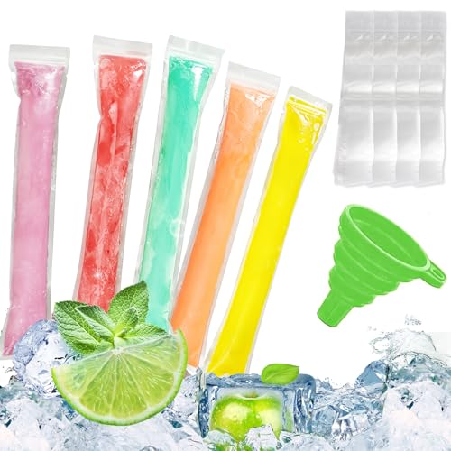 Popsicle Formen Beutel Popsicle Taschen: WIYETY 300 Stück Einweg-Eisbeutel mit Trichter und Druckverschluss, Transparent Popsicle Formen Beutel für Gefrier-Pop, Eis, Süßigkeiten, Joghurt, Saft von WIYETY