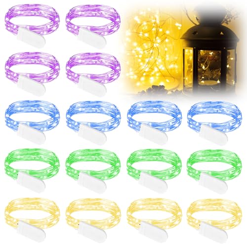 WIYETY 16 Stück LED Lichterkette: 2M Mini Lichterketten Batteriebetrieben, 4 Farbe Wasserdichte Kupfer Drahtlichterkette für Party Weihnachten Halloweent Hochzeit Weihnachten Deko(Lila Grün Gelb Blau) von WIYETY