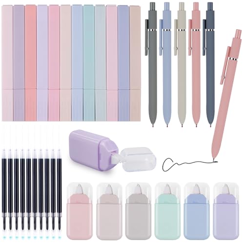 WIYETY 33 Stück Textmarker Pastell Set: 12 Stück Aesthetic Marker Stifte 5 Stück Gelstift mit schwarzer Tinte mit 10 Ersatzminen Enthalten und 6 Korrekturbänder Schulsachen für Journal, Bibel, Büro von WIYETY