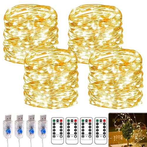 WIYETY 4 Stück Lichterkette Led Batteriebetrieben Lichterkette mit Fernbedienung 5M 50LED, 8 Programm Led Lichterkette Innen für Drinnen, Draußen, Party, Garten, Weihnachten, Halloween, Warmweiß von WIYETY