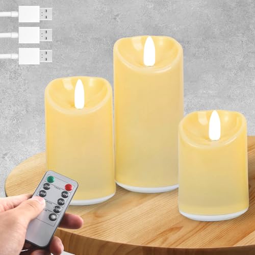 WIYETY Flammenlose Kerzen 3er Set: LED-Kerzen mit Fernbedienung Timer Funktion, LED Candles Light, für Innen und Außen, Batteriebetriebene, USB-Aufladung - Beige(7, 5 x 10/12,5/15 cm) von WIYETY