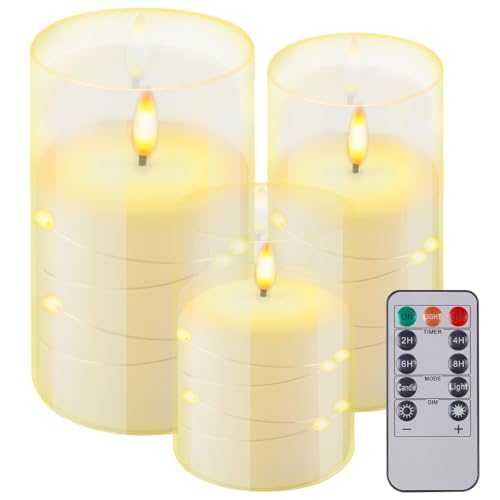 WIYETY Led Kerzen mit Fernbedienung 3er Set Led Kerzen mit Timerfunktion, Led Kerzen Outdoor, LED-Kerzen mit Eingebauter Lichterkette Weiß für Hochzeit, Weihnachten, Home von WIYETY