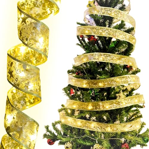 WIYETY Lichterkette Weihnachtsbaum 5CM x 10M Weihnachtsband Lichter, Geschenkband Gold, Batteriebetriebene Weihnachtslichterkette für Indoor, Outdoor, Weihnachtsbaumschmuck, Hochzeit, Urlaubsdeko von WIYETY