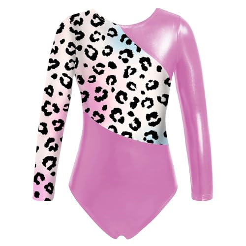 WJIAYAO Turnanzug Mädchen Mädchen Glänzender Gymnastikanzug Ballett Bodysuit Netzstoff Langarm Schlüsselloch Rücken Metallic Kontrastfarben Eiskunstlauf Jumpsuit(Colorful Leopard,12) von WJIAYAO