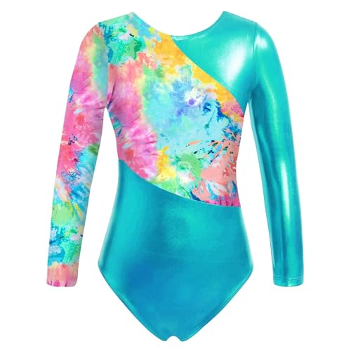 WJIAYAO Turnanzug Mädchen Mädchen Glänzender Gymnastikanzug Ballett Bodysuit Netzstoff Langarm Schlüsselloch Rücken Metallic Kontrastfarben Eiskunstlauf Jumpsuit(Colorful Tie Dye,6) von WJIAYAO