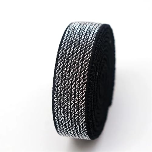 WJLYDM Elastische BäNder NäHen 5 m hochdichter gewebter Golddraht und silberner Flacher elastischer Gürtel, Gold- und Silber-Gummiband, DIY-Kleidung, Hosen, Nähzubehör(Silver on Black 15mm) von WJLYDM