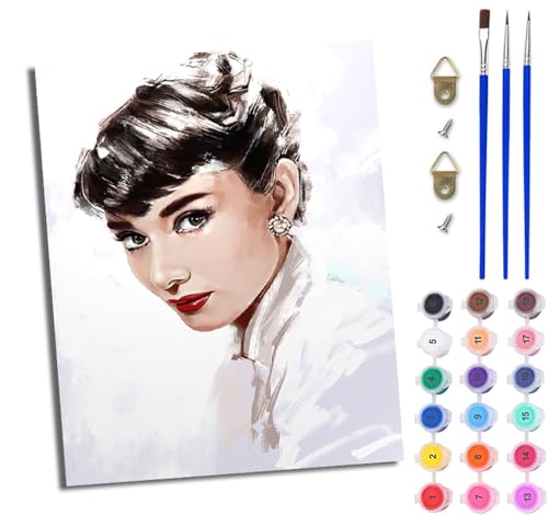 WJWWANG Malen nach Zahlen DIY Handgemalt Ölgemälde Set für Anfänger und Jugendliche Audrey Hepburn Porträt Pinsel und Acrylfarbe 40x50 cm ideal als Geschenk oder zur Heimdekoration WJWWANG Malen nach Zahlen DIY Handgemalt Ölgemälde Set für Anfänger und Jugendliche Audrey Hepburn Porträt Pinsel und Acrylfarbe 40x50 cm ideal als Geschenk oder zur Heimdekoration von WJWWANG