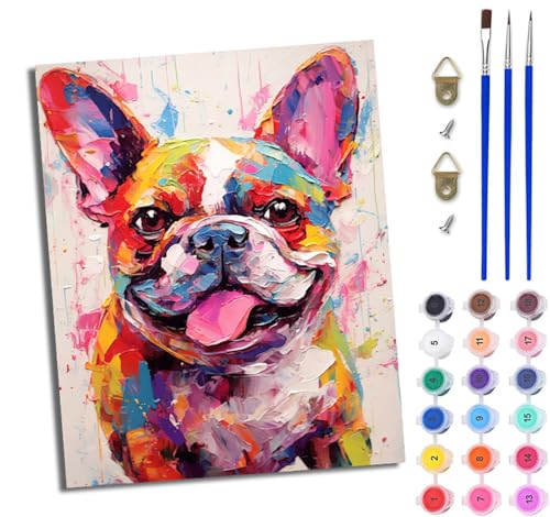 WJWWANG Malen nach Zahlen DIY Handgemalt Ölgemälde Set für Anfänger und Jugendliche Farbige französische Bulldogge Pinsel und Acrylfarbe 40x50 cm ideal als Geschenk oder zur Heimdekoration WJWWANG Malen nach Zahlen DIY Handgemalt Ölgemälde Set für Anfänger und Jugendliche Farbige französische Bulldogge Pinsel und Acrylfarbe 40x50 cm ideal als Geschenk oder zur Heimdekoration von WJWWANG