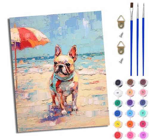 WJWWANG Malen nach Zahlen DIY Handgemalt Ölgemälde Set für Anfänger und Jugendliche Französische Bulldogge im Urlaub Pinsel und Acrylfarbe 40x50 cm ideal als Geschenk oder zur Heimdekoration WJWWANG Malen nach Zahlen DIY Handgemalt Ölgemälde Set für Anfänger und Jugendliche Französische Bulldogge im Urlaub Pinsel und Acrylfarbe 40x50 cm ideal als Geschenk oder zur Heimdekoration von WJWWANG