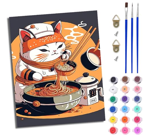WJWWANG Malen nach Zahlen DIY Handgemalt Ölgemälde Set für Anfänger und Jugendliche Japanische Ramen vom Katzenkoch Pinsel und Acrylfarbe 40x50 cm ideal als Geschenk oder zur Heimdekoration WJWWANG Malen nach Zahlen DIY Handgemalt Ölgemälde Set für Anfänger und Jugendliche Japanische Ramen vom Katzenkoch Pinsel und Acrylfarbe 40x50 cm ideal als Geschenk oder zur Heimdekoration von WJWWANG