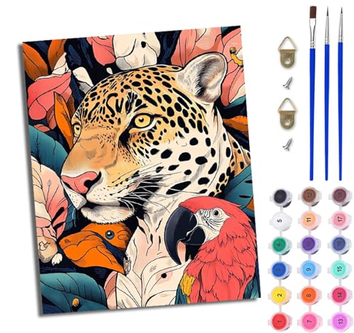 WJWWANG Malen nach Zahlen DIY Handgemalt Ölgemälde Set für Anfänger und Jugendliche Leopardenpapagei-Regenwald Pinsel und Acrylfarbe 40x50 cm ideal als Geschenk oder zur Heimdekoration WJWWANG Malen nach Zahlen DIY Handgemalt Ölgemälde Set für Anfänger und Jugendliche Leopardenpapagei-Regenwald Pinsel und Acrylfarbe 40x50 cm ideal als Geschenk oder zur Heimdekoration von WJWWANG