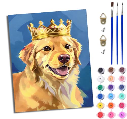 WJWWANG Malen nach Zahlen DIY Handgemalt Ölgemälde Set für Anfänger und Jugendliche Niedlicher Kronen-Golden Retriever Pinsel und Acrylfarbe 40x50 cm ideal als Geschenk oder zur Heimdekoration WJWWANG Malen nach Zahlen DIY Handgemalt Ölgemälde Set für Anfänger und Jugendliche Niedlicher Kronen-Golden Retriever Pinsel und Acrylfarbe 40x50 cm ideal als Geschenk oder zur Heimdekoration von WJWWANG