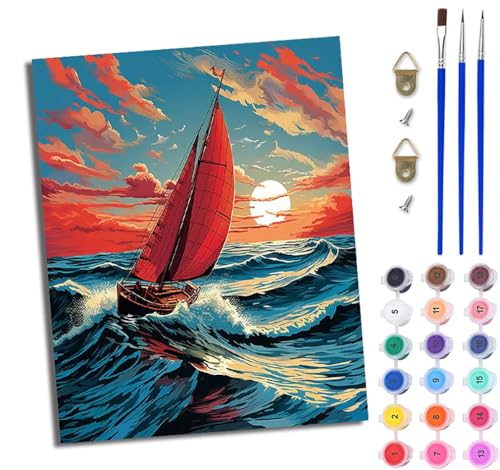 WJWWANG Malen nach Zahlen DIY Handgemalt Ölgemälde Set für Anfänger und Jugendliche Sonnenuntergang Wellen Segelboot Pinsel und Acrylfarbe 40x50 cm ideal als Geschenk oder zur Heimdekoration WJWWANG Malen nach Zahlen DIY Handgemalt Ölgemälde Set für Anfänger und Jugendliche Sonnenuntergang Wellen Segelboot Pinsel und Acrylfarbe 40x50 cm ideal als Geschenk oder zur Heimdekoration von WJWWANG