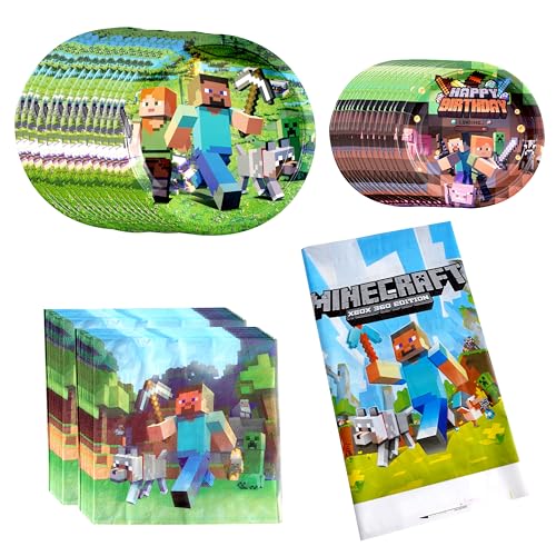 WJYAGU Party Partygeschirr Minecraft Party Geschirr 51 pc Geburtstag Party teller, Minecraft Partygeschirr Set, Pappteller Kindergeburtstag,Pappteller Servietten Tischdecke von WJYAGU