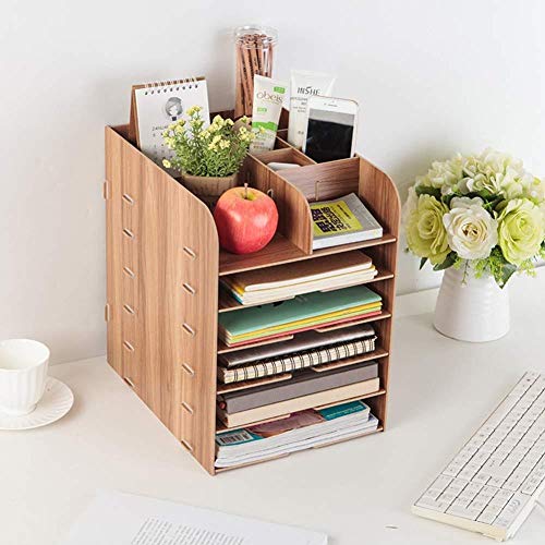 WJYLM Aktenständer/Aktenhalter, Schreibtischablage Organize Wood, A4 Papierablage Set Schreibtisch Design, Schreibtisch Organizer Multifunktion für Stift Bleistift Zubehör, Braun von WJYLM