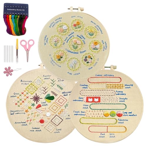 WJnflQN Einfache Sticksets für Anfänger,Stickset | 3 Sets kreative Handstickerei - Schritt-für-Schritt-Anleitung, Nadelspitzen-Set, Nähset für Erwachsene, für Damen, Herren, Anfänger von WJnflQN