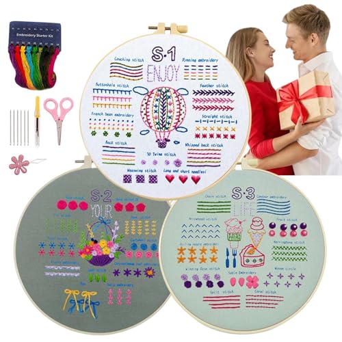 WJnflQN Stickset,Stickset für Anfänger - 3 Sets kreative Handstickerei,Schritt-für-Schritt-Anleitung, Nadelspitzen-Set, Nähset für Erwachsene, für Damen, Herren, Anfänger von WJnflQN