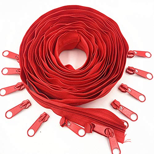 10 Meter langer Nylon-Reißverschluss mit 20 Reißverschlussschiebern für Heimwerker, Nähen, Kleidung, Zubehör (20 Farben) (rot) von WKXFJJWZC