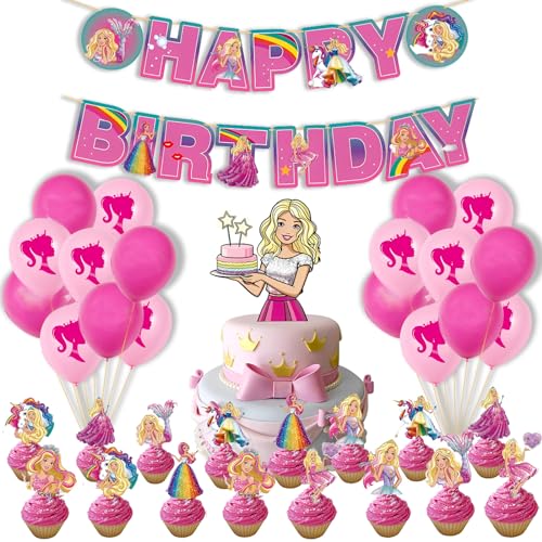 Prinzessin Geburtstagdeko Geburtstag Mädchen, WKxinxuan 38 Stück Prinzessin Party Deko Set, Prinzessin Deko Geburtstag Luftballons, Ballons Geburtstag, Tortendeko, Banner, Cake Topper von WKxinxuan