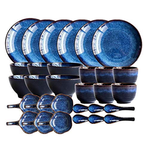 Essteller, Geschirrset aus widerstandsfähiger Keramik, 30-teilig, Teller- und Schüssel-Sets in Katzenaugenblau für Restaurants/Brennöfen, Porzellan-Essgeschirr mit Wechse von WLCBWYF