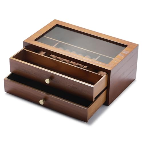 WLEJSL 2 Lagige Schubladen Organizer Box, Schmuckschatulle aus Holz mit Glasdeckel, Schmuckschatulle aus Holz für Halsketten, Ringe, Ohrringe, Uhren, Armbänder,A2 von WLEJSL