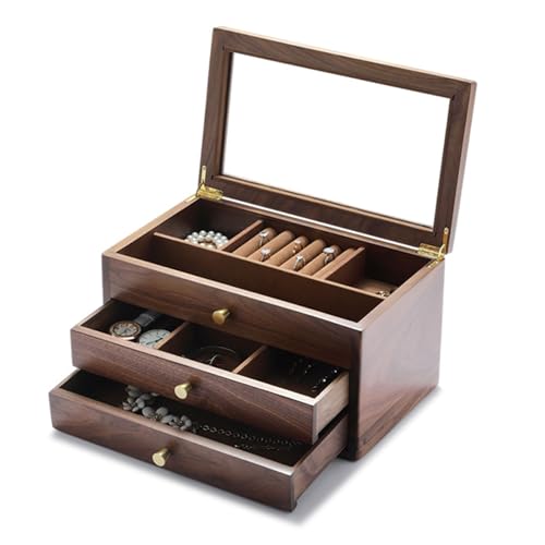 WLEJSL Schmuckschatulle aus Holz, Schubladen Organizer Box mit Glasdeckel, Massive Schmuckschatulle aus Holz für Halsketten, Uhren, Halsketten, Ringe, Ohrringe,A2 von WLEJSL